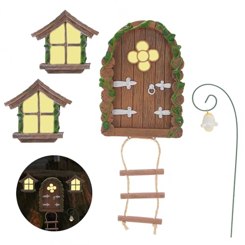 Fairy Door and Windows for Trees Outdoor, Glow in The Dark Fairy Doors Miniature Fairy Garden Accessories, Yard Art Sculpture Decoration Fairy Garden Decor with Lantern for Outside, Patio (Ladder) - color: Ladder