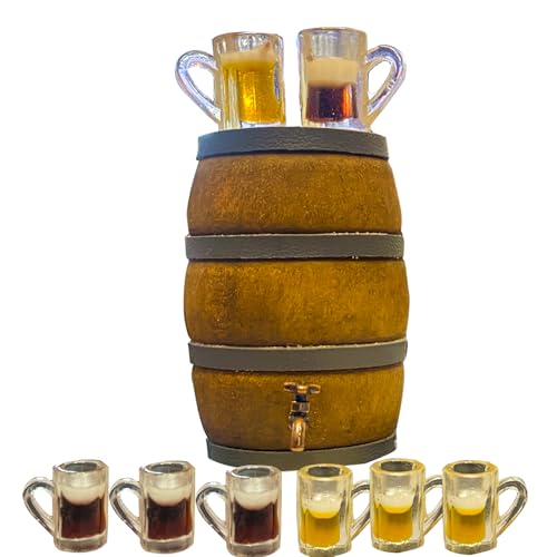 9Pcs Mini Beer Barrel Decor Miniature Wooden Figurine Wine Barrel Model with Faucet and Wine Glass Suitable for Fairy Garden Bar Doll House Decoration - style: Beer Barrel