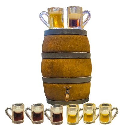 9Pcs Mini Beer Barrel Decor Miniature Wooden Figurine Wine Barrel Model with Faucet and Wine Glass Suitable for Fairy Garden Bar Doll House Decoration - style: Beer Barrel