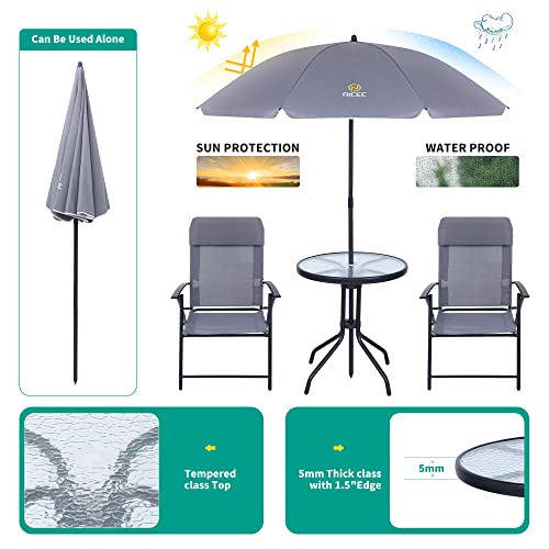 Nice C 4 Piece Patio Furniture Set with Umbrella, Outdoor Dining Set (Grey) | Patio Furniture Set, Patio Table And Chairs, 4-Piece Garden Set, Glass Table, 2 Folding Chairs