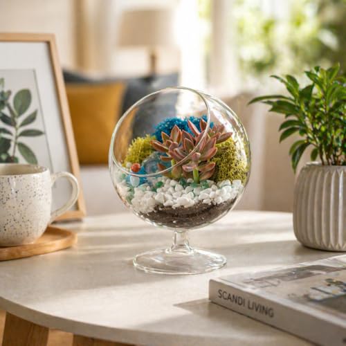 Creations by Nathalie DIY 6" Chalice Terrarium Kit Build Your Own Glass Terrarium for Adults & Teens with Live Succulent, Moss, Crystals, Soil, Tools & Decorative Figurine, Indoor Mini Garden Kit - color: Chalice Glass