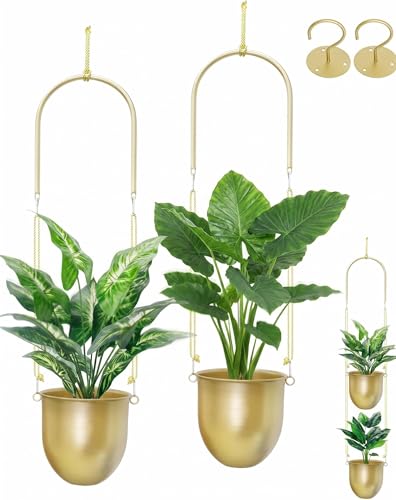 AceList Gold Hanging Planters Set of 2 - Modern Metal Plant Pots 5.5 Inch with Adjustable Hemp Rope and Mounting Hooks, Indoor Outdoor Boho Home Decor for Living Room Balcony Garden Patio Window - color: 5.5-inch Rope Diameter Pot