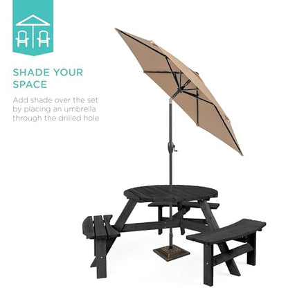 Best Choice Products 6-Person Circular Outdoor Wooden Picnic Table for Patio, Backyard, Garden, DIY w/ 3 Built-in Benches, 500lb Capacity - Black - color: Black