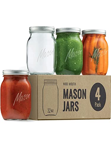 Paksh Novelty Mason Jars - Food Storage Container - 32 oz 4-Pack - Airtight Container for Pickling, Canning, Candles, Home Decor, Overnight Oats, Fruit Preserves, Jam or Jelly - color: 32 oz, 4 Pack