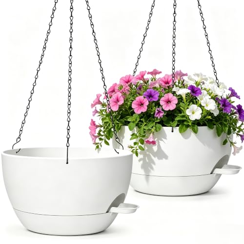 12" Self Watering Hanging Planters with Chains, White, 2 Pack | 43 Oz removable self-watering reservoir, for indoor/outdoor plants, patio & garden - color: White, size: 2 pack 12 inches