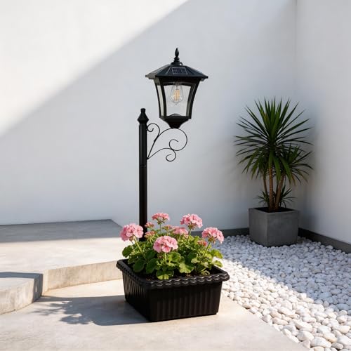 Solar Lamp Post with Planter, 92.5 cm, Auto Dusk-to-Dawn, Black - size: 1Pack Square Lamp Head with Metal Parts