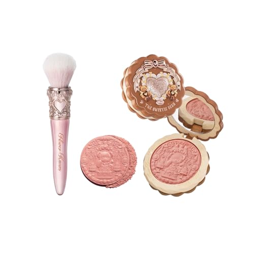 Flower Knows The Sweetie Bear Silk Satin Blush & Brush Set,Talc-Free Rose Pink Powder Blush,Highly Pigmented,Buildable&Blendable,Radiant Cheek Color for a Lively Glow,Gift-Worthy(02 Garden Picnic) - color: 02 Garden Picnic+Brush