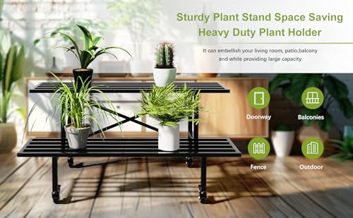Zhongma 2 Tier Heavy Duty Metal Plant Stand with wheels Indoor Outdoor Use - size: 2-Tier: L35.43 x W17.5 x H16.14 w Wheels