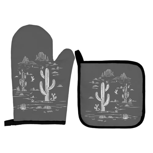 Grey Western Oven Mitts and Pot Holders Sets, Cactus Kitchen Accessories, Over Mittens for Decor, Gloves Gifts - color: Gray