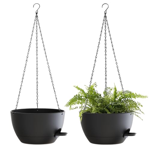 12 Inch Hanging Baskets 2 PC with Chains, Self-Watering Hanging Planters for Indoor Outdoor Plants, Plastic Hanging Flower Pots,Black - color: Black, size: 12 Inch