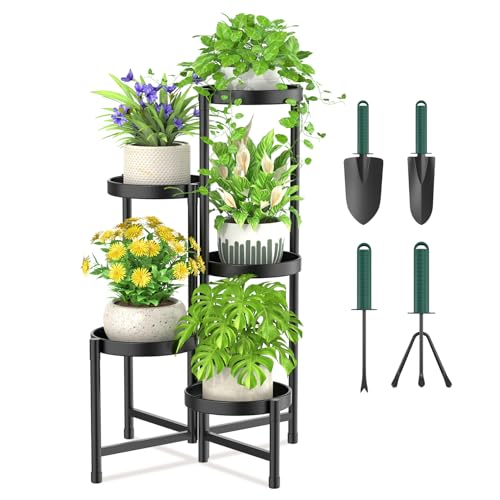iDavosic.ly Plant Stand with Garden Tools Indoor Outdoor, 5 Tier, Black | Metal Corner Shelf, Tiered Flower Display Holder, Folding Multi Orchid Rack, Easy to Assemble Patio Balcony Porch Garden - color: Black with Tools, size: 5 Tiers