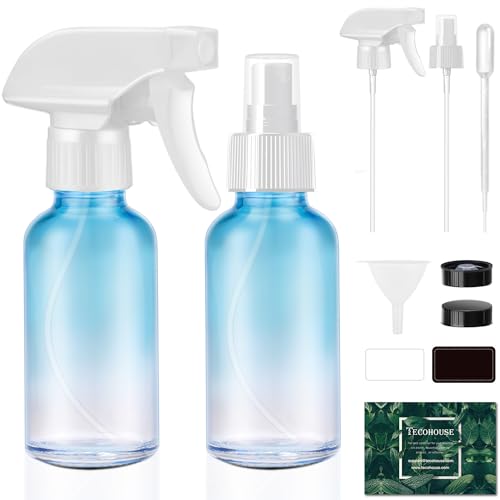 Small Glass Spray Bottle 4 OZ, 2 Pack Empty Blue Glass Spray Bottles | Empty Spray Bottles for cleaning, Plants, Pets, Hair, Durable Spray Nozzle, Fine Mist, Labels, Funnel, Pipettes, Reusable - color: Blue