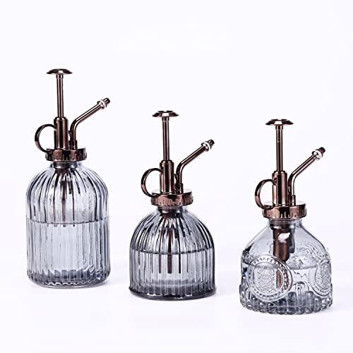 Glass Plant Mister - 7.5" Green Glass Water Spray Bottle with Gold Top Pump, Indoor/Outdoor Small Plant Sprayer (Gray+Bronze)