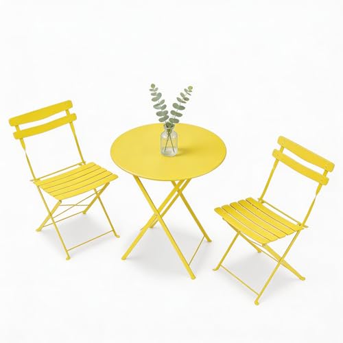GarveeHome 3 Piece Foldable Patio Bistro Set, Outdoor/Indoor Metal Table and Chairs Furniture, Compact Round Table with 2 Folding Chairs for Balcony, Porch, Garden, Apartment, Small Space, Yellow - color: Yellow, size: 3-Piece (Round Table)