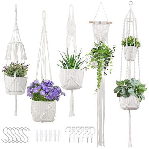 Macrame Plant Hangers 5Pack, Handmade Cotton Rope Hanging Planters | 5 Set Hooks, hanging plant holders, flower pots holder, plant hanger indoor outdoor for boho home decor, fits 6-8 inch pots - color: White