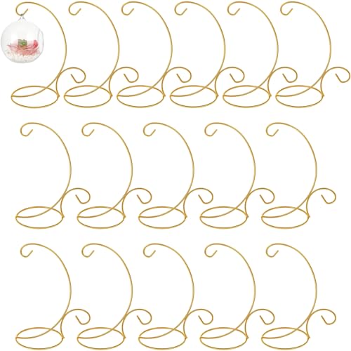 Tandefio 16 Pcs Ornament Display Stand 9 Inch Iron Hanging Holder,Gold | Glass Globe Terrarium Air Plant Holder, Christmas Tree Table Decor Hook, Wedding Party Desktop Hanger, Curved Base Design