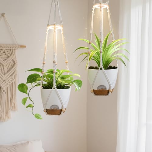 2 Pack Self Watering Hanging Planters with Grow Light for Indoor Plants - color: Self Watering White(daylight), size: 8 Inch