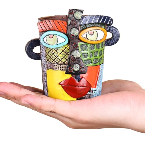 Mini Face Planters Pots Head, Abstract Colorful Graffiti Cute Mini Pots for Plants with Drainage, Ideal for Indoor Outdoor Unique Planters for Plants (Colored) - color: Colored