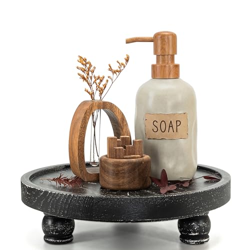 EOSAHR Display Riser: Rustic Pedestal Stand for Kitchen Counter, Old Black | Pine Wood, 10" Round Pedestal Riser, Wood Stand For Decor, Plant & Candle Holder, Bathroom Sink Organizer, Black Home Decor - color: Old Black
