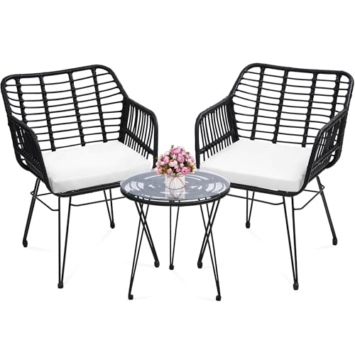 KROFEM 3 Piece Wicker Patio Bistro Furniture Set, Black | Includes 2 Rattan Chairs and Glass Top Table, Ideal for Porch, Outdoor, Backyard, Apartment, Balcony - color: Black, size: 3 PCS