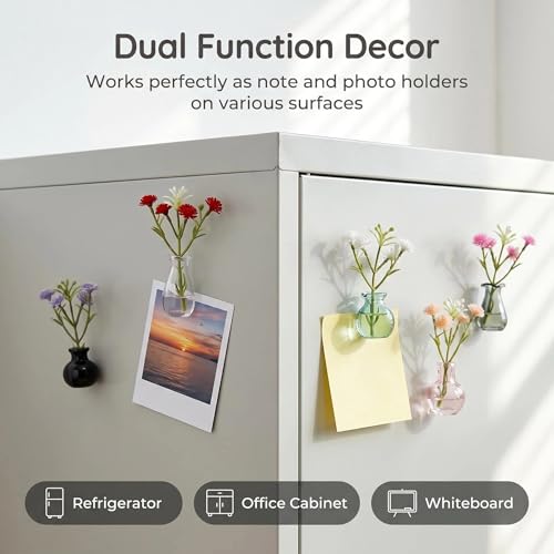 10-Pack Magnetic Mini Bud Vases for Fridge, Strong Magnet Glass Propagation Vases with Faux Flowers, Cute Tiny Vase Magnets for Whiteboard Office Decor, Gift Set for Mom Teachers Coworkers
