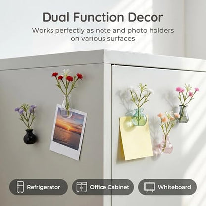 10-Pack Magnetic Mini Bud Vases for Fridge, Strong Magnet Glass Propagation Vases with Faux Flowers, Cute Tiny Vase Magnets for Whiteboard Office Decor, Gift Set for Mom Teachers Coworkers