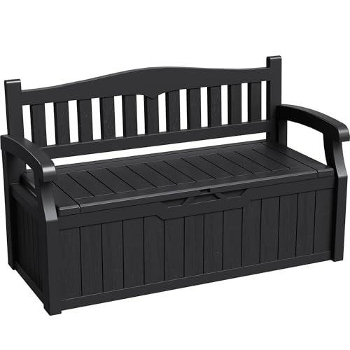 Greesum 80 Gallon Storage Bench Outdoor Deck Box with Armrest, Black - color: Black, style: 80 Gallon