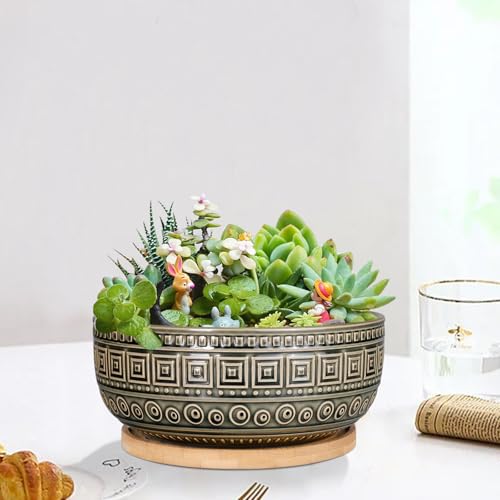 G EPGardening 8 Inch Ceramic Succulent Planter Pots Round Shallow Bonsai Planter Pot for Indoor Plants with Drainage and Bamboo Saucer Gray - color: Gray
