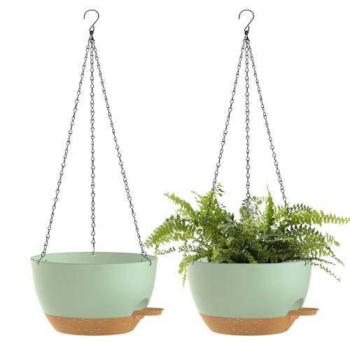 10 Inch Hanging Baskets 2 PC with Chains, Self-Watering Hanging Planters for Indoor Outdoor Plants, Plastic Hanging Flower Pots,Green Brown - color: Green Brown, size: 10 inch