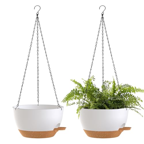10 Inch Hanging Baskets 2 PC with Chains, Self-Watering Hanging Planters for Indoor Outdoor Plants, Plastic Hanging Flower Pots,White Brown - color: White Brown, size: 10 inch