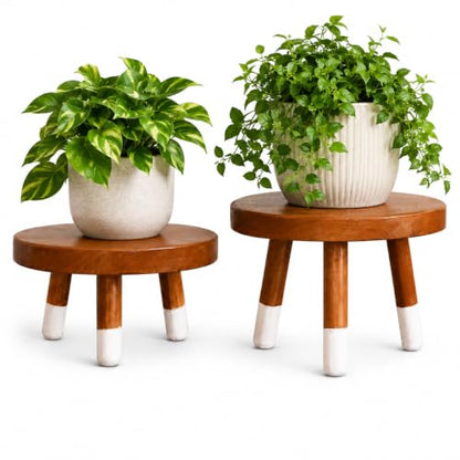 2 Pack 9" Teak Wood Plant Stands for Indoor Plants, Mid-Century - color: 4"+6" Tall White