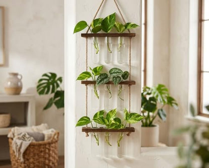 Plant Propagation Hanging Station, 3 Tier Wall Hanging Terrarium with Wooden Stand, Flower Vase Test Tube Glass Planter Stations for Hydroponic Cuttings, Home, Garden, and Office Decor