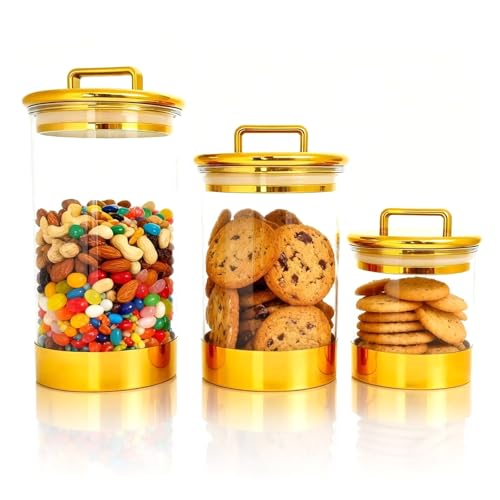3-Pack Acrylic Storage Jars with Gold Lids – Airtight Canisters for Kitchen, Bathroom, Office | Decorative Storage for Snacks, Bath Bombs, Cotton Balls, and Small Essentials - color: golden 02-3pcs
