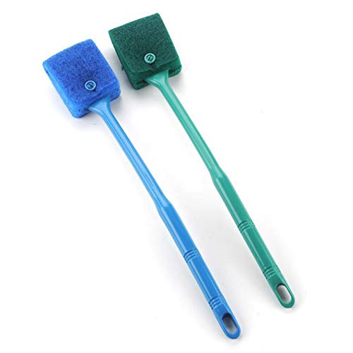 2 Pieces Aquarium Cleaning Brush Fish Tank Cleaning Brush Double-Sided Sponge Brush Long Handle Fish Tank Scrubber for Aquariums and Home(Blue, Green)