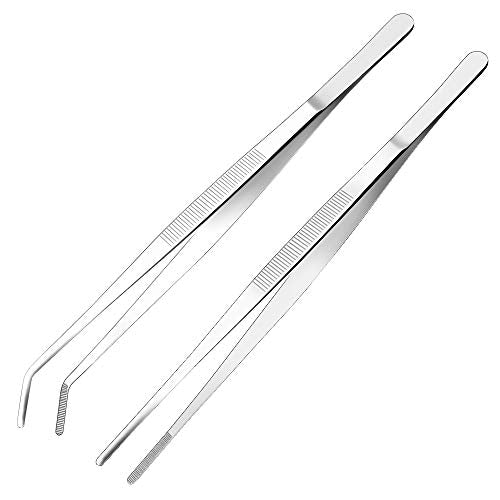 Kitchen Tweezers Stainless Steel 12 Inch Long Tweezers Tongs, Heavy Duty large food tweezers with Precision Serrated Tips for Cooking(12" Straight+Curved) - size: 12" Straight+Curved