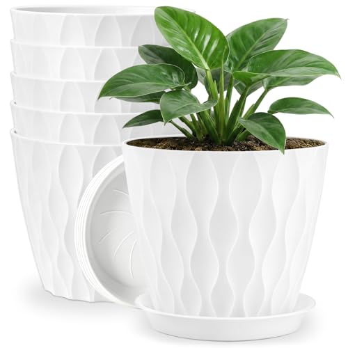 YNNICO 8 inch Plant Pots, 6 Pack Flower Pots Outdoor Indoor, Planters with Drainage Hole and Tray Saucer-White - color: White, size: 8 inch-6 pack