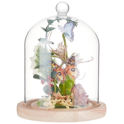 BENECREAT 5.5x7.6inch Glass Display Dome Cloche with Round Top Handle, Everlasting Flower Glass Cover with Wooden Base for Specimens Plants DIY Decor - size: 5.5x7.6inch