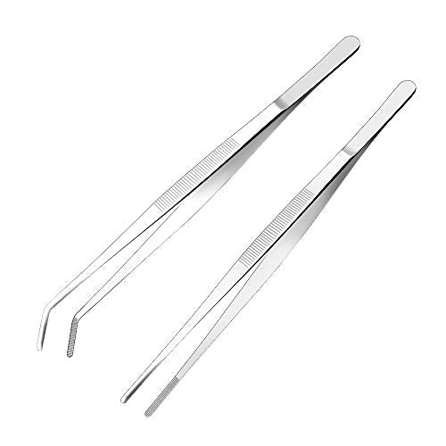 Kitchen Tweezers Stainless Steel 8 Inch Long Tweezers Tongs, Heavy Duty large food tweezers with Precision Serrated Tips for Cooking(8" Straight+Curved) - size: 8" Straight+Curved
