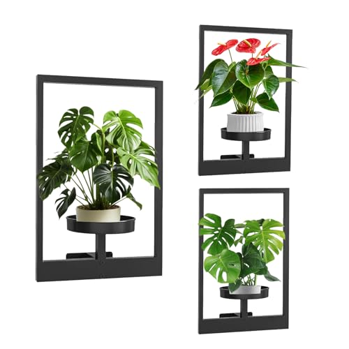 Garvee Wall Plant Holder, 3-Pack Metal Hanging Shelves, Indoor Planter Set | Square Wall Mounted Plant Shelves with 6 in Tray, Modern Window Plant Stand Hold 20 lbs, for Bedroom Living Room Home Decor