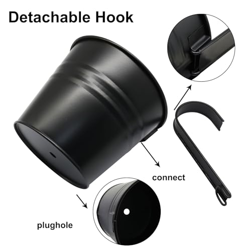 5 Inch Hanging Flower Pots, 5 Pcs, Metal Buckets, Black | Removable Hooks, Drainage Holes, For Wall, Fence, Balcony, Patio Home Decor - size: 5 Inch