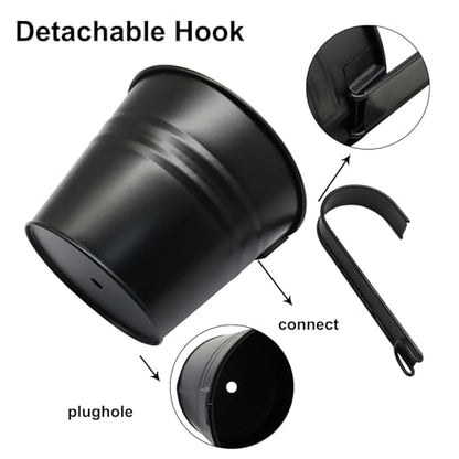 5 Inch Hanging Flower Pots, 5 Pcs, Metal Buckets, Black | Removable Hooks, Drainage Holes, For Wall, Fence, Balcony, Patio Home Decor - size: 5 Inch