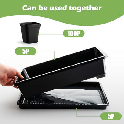 RooTrimmer 5 Pack Soil Blocking Trays with 2.8 inch (7CM) Square Nursery Pots 100pcs, Plastic Flat Plant Tray for Holding or Collecting Drainage Water, Seed Starter Tray for Seed Germination (Black) - size: Mesh Tray + Drip Tray + Pots-5P