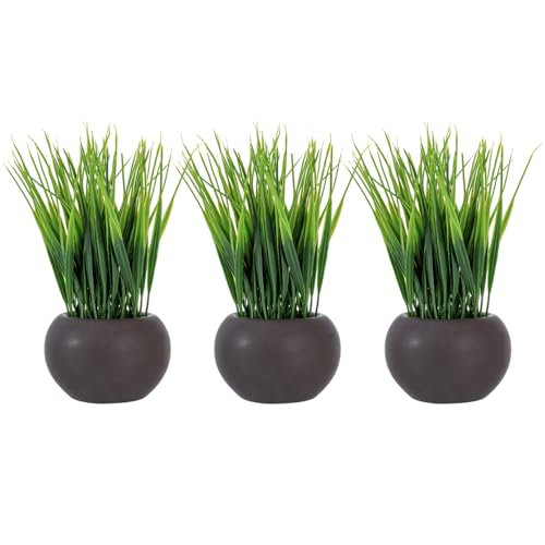 MyGift 7 Inch Tall Modern Mini Artificial Grass Plants in Small Round Brown Ceramic Pots, Decorative Tabletop Faux Greenery Indoor Home Decor, Set of 3 - color: Dark Brown