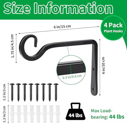 Plant Hangers Outdoor, 4 Pack 6 Inch Plant Hooks for Wall Hanging Plants | Metal Hanging Plant Bracket. Holds up to 44 lbs. For Hanging Plants, Bird Feeder, Flower Basket, Wind Chimes, Indoor Outdoor