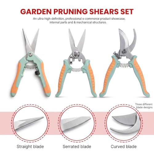 3Pcs Stainless Steel Garden Pruning Shears for Plants (Orange Green) - color: Orange+green