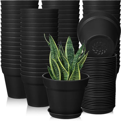Mumufy 54 Pack 4 Inch Plant Pots Bulk Small Planter with Drainage Hole and Saucer Small Plastic Pots for Flowers Succulent Cactus and All House Indoor(Black) - color: Black