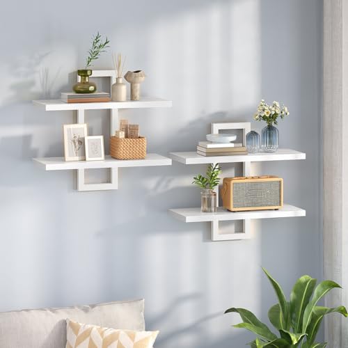 HOOBRO Floating Shelves, 15 Inch Wall Shelf Set of 2, Wall Mounted Storage Shelves 2-Tier, Hanging Bathroom Shelves, for Living Room, Bedroom, Bathroom, Kitchen, White WW32BJ01 - color: White