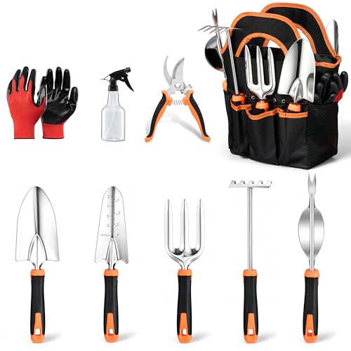 HaSteeL 9-Piece Stainless Steel Garden Hand Tools Set for Planting | Storage Bag, Rust Resistant, Heavy Duty, For Indoor & Outdoor Planting Weeding Replanting, For Women/Man/Gardeners