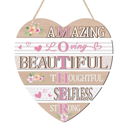 HOURIA Inspirational Mothers Day Decorations (12.2”x11), Heart-Shaped Amazing Mother's Day Wooden Sign for Front Door Wreath Home, Mom Birthday Gifts from Daughter Son - color: Inspirational Mothers Sign