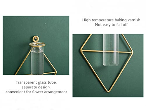 yaooral 2 Pack Luxury Nordic Hanging Wall Mounted Gold Flower Vase | Metal Frame Glass Tube/Minimalist/Cute Exquisit Pretty/Geometric Hydroponic Bud Vase Decor for Wall Home Wedding Farmhouse - style: triangle rhombus